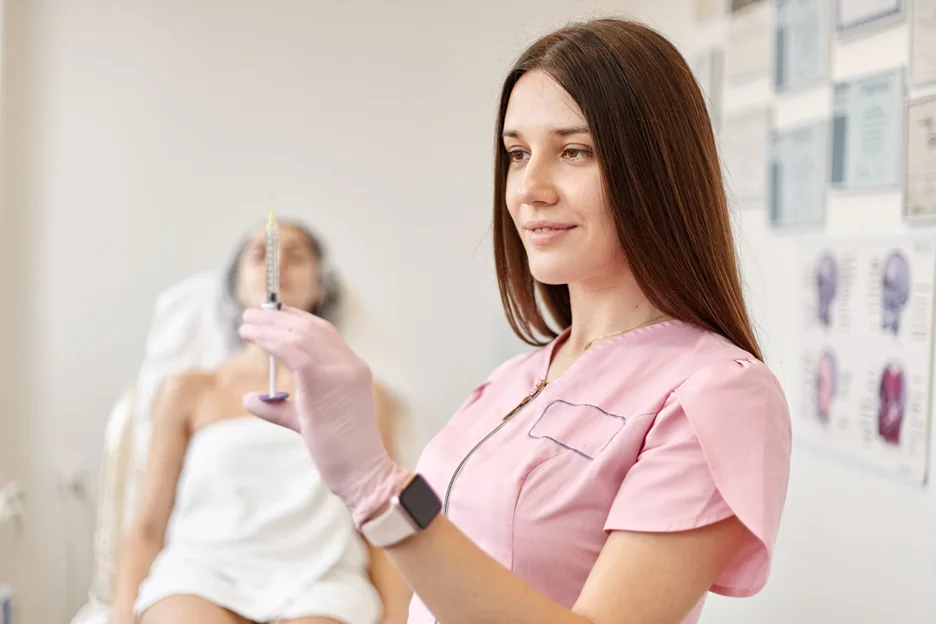 lip injector holding a syringe filled with lip fillers
